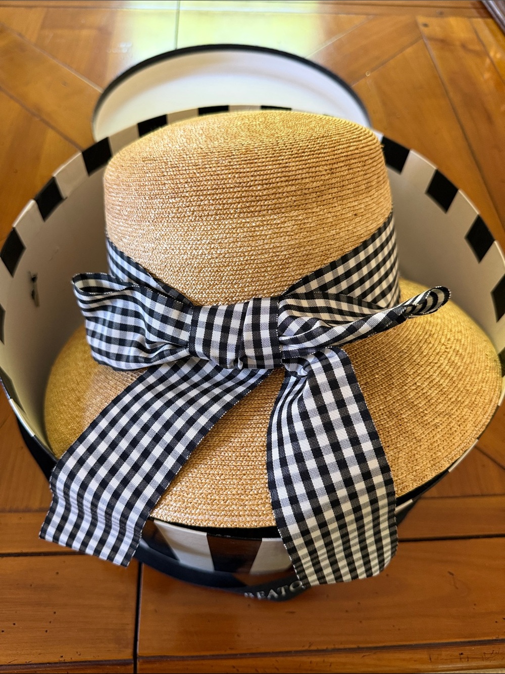 Peter Beaton Black & White Gingham Bow straw hat